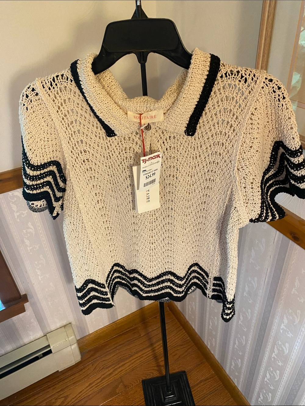 Solitaire Cream Open-Knit Polo Top with Black Trim